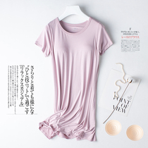 With chest pad nightgown women Summer thin bra cup one pajamas long short sleeve dress loose home wear