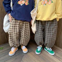 Girl Plaid Pants Autumn Clothing Boy Spring Autumn Han Version 100 Hitch Kharen Pants Children Fall Loose Foreign Air Beam Pants Tide