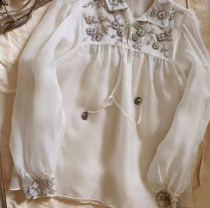 Spot screaming heavy industry Beauty clothing collection nail beads embroidered three-layer silk organza shirt pleated skirt pants