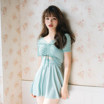 Peach Yaoyao short-sleeved swimsuit one-piece small fresh hot spring girl vacation two-piece cover belly thin cute bow