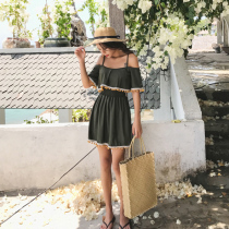 Skirt one-piece flat corner swimsuit female fashion word shoulder conservative short sleeve thin belly cover Korean students soak in hot spring