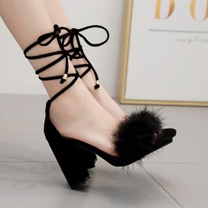 2020 new Rabbit Fur Black Suede thick high heel sandals