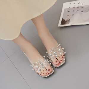 New crystal heel shiny rivet film low heel sandals in 2020 summer