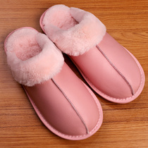 Leather slippers Home winter womens leather indoor home Mens non-slip warm pure lint slippers home daily use