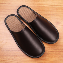 Haining spring and autumn linen slippers Female Baotou indoor household real cow leather slippers Sweat feet sweatproof breathable mens slippers