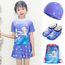 Girls Swimsuit Summer New Aisha Sunscreen Children Half Sleeve Quick Dry Split Skirt Student Swimming Set