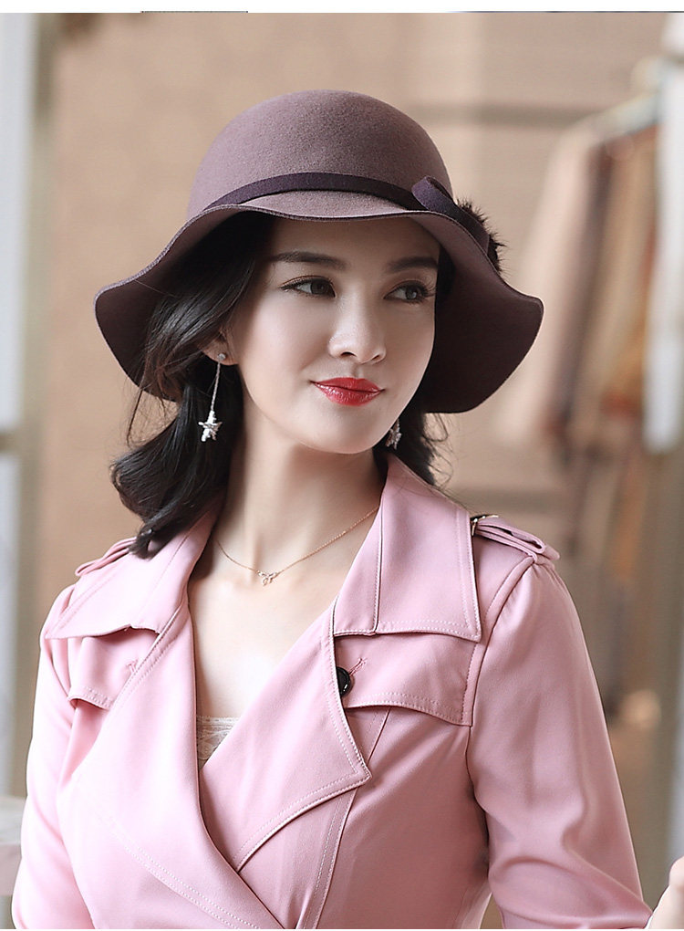 帽子女英伦复古礼帽秋冬季名媛羊毛优雅大帽檐花朵女士呢子毛圆顶