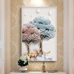 钻石画满钻客厅十字绣小幅鹿钻石绣玄关竖版浮雕发财树圆钻新古典