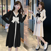 Pregnant women's spring top 2023 autumn fashion V-collar bow over knee loose knitted underpack sweater dress