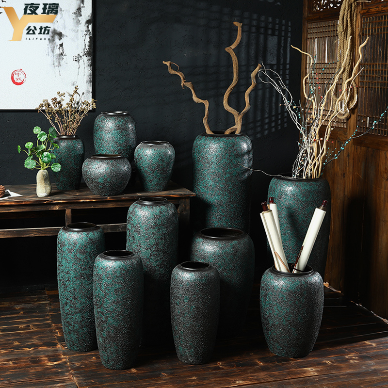 Jingdezhen coarse pottery vase landing black pottery living room large flower arranging flower implement simple window decoration