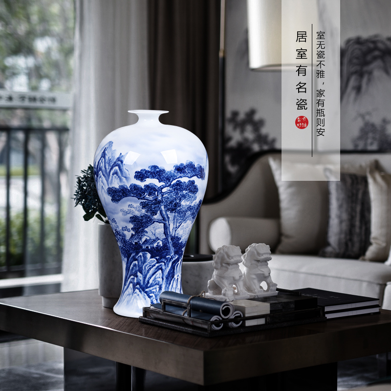 Jingdezhen ceramics famous blue and white landscape mei Chinese bottle vase hand - made home sitting room adornment is placed