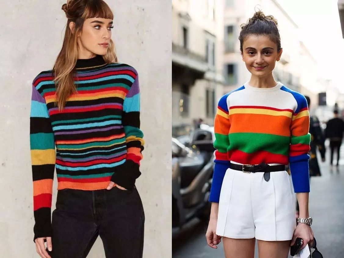 彩虹色的毛衣搭配牛仔裤绝对是最佳cp,牛仔蓝能中和彩色的跳跃感!