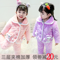 Baby girl pajamas autumn and winter coral velvet three-layer childrens cotton set female childrens winter thick plus velvet home clothing