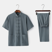 Chinese wind short sleeve upright collar summer cotton linen suit Tang suit Chinese style retro Han suit for leisure two sets