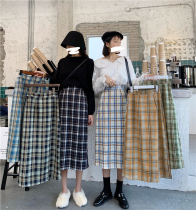 Large size plaid skirt Medium long womens high waist split a-line skirt Fat mm thin crotch skirt foreign style age reduction