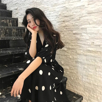 Plus size womens summer clothes fat mm Western style polka dot belly cover dress Fat sister super fairy age reduction French retro skirt