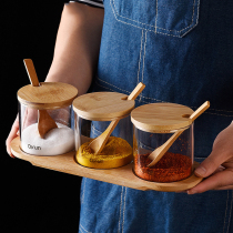 Glass seasoning jar set sugar salt bamboo wood cover kitchen supplies seasoning box condiment box creative seasoning bottle jar