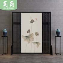 Chinese office Feng Shui lotus partition wall hollow lattice Solid wood living room Simple double-sided carved decoration entrance