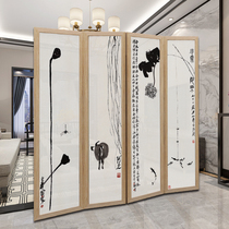Chinese style small apartment solid wood partition Living room office mobile fabric double-sided fashion simple push-pull Zen screen