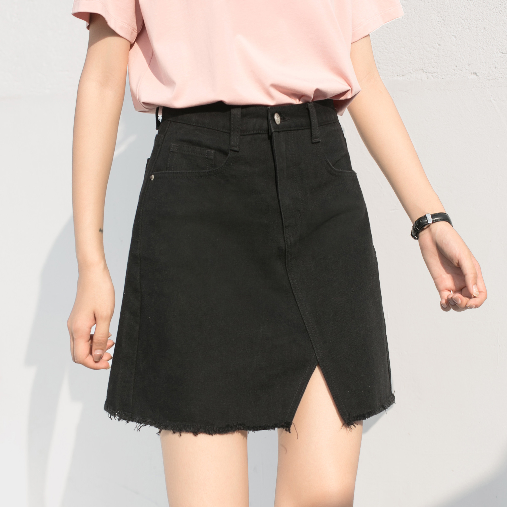 哈果自制 开叉a字裙黑色流苏牛仔短裙 不规则半身裙女夏季裙子潮
