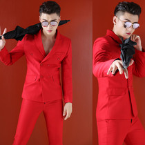 Studio mens photo suit Host costume Stage costume Dress Slim-fit big red double-breasted suit