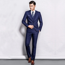 Suit studio navy blue Korean version of the slim best man suit Handsome performance host evening dress Suit suit mens three-piece suit