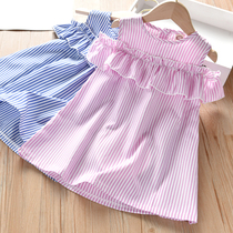 Girls dress 2021 new summer dress childrens stripes strapless baby ruffled skirt children princess dress