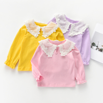 Girls long sleeve T-shirt 2021 Spring and Autumn new children cotton doll collar lace top Child Base shirt