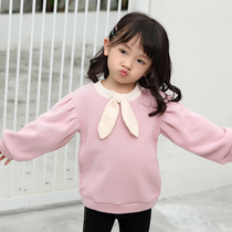 Girl autumn 2021 new cotton color round neck bow pullover Korean version of small children Foreign style tide sweater