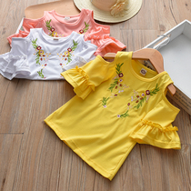 Girl strapless base shirt 2021 new childrens trumpet sleeve embroidery flower T-shirt Korean short sleeve girl T-shirt