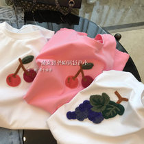 Brand Fold Discount Store Mall Special Cabinet Womens Clothing Tailstock ~ Rework Fruit Embroidered Round Collar Pure Cotton Short Sleeve T-Shirt Woman