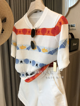 Brand Fold Discount Store Mall Special Cabinet Withdrawal Womens Foreign Trade Clear Cabin Marine Printed Short Sleeve Needles Jersey Blouse Women Summer