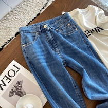 Brand Discount Store Womens Tail Goods Clear Barn Method High-end Pearl Chain Flip Side Soft Jeans Slim Fit Straight Barrel 90% Pants