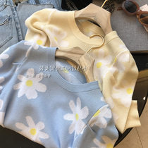 Brand discount store Withdrawal Cupboard Womens Tail Stock Clear Barn Method Daisy Printed Round collar Blister Sleeves Jersey Blouse