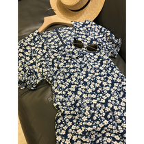 Brand Fold Discount Store Mall Special Cabinet Withdrawal Teller Womens Tail Goods Clear Cabin Vintage Square Collar Crushed Flowers Ice Blue Dress Women Summer