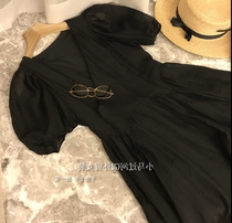 Brand discount store Withdrawal Cupboard Womans tail stock clear cabin Style Temperament Black Bubble sleeves V Collar Tea Hysteria for women Summer