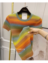 Brand Fold Discount Store Mall Withdrawal Womens Foreign Trade Cut Mark Rainbow Striped Short Sleeve Knit High Elastic Blouse New Product