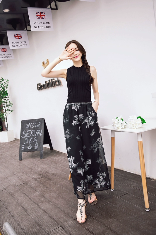 Voan in quần ống rộng của phụ nữ cạp cao xếp nếp đi biển chín điểm hakama mùa xuân và mùa hè quần váy liền thân mỏng phong cách hàn quốc - Váy eo cao