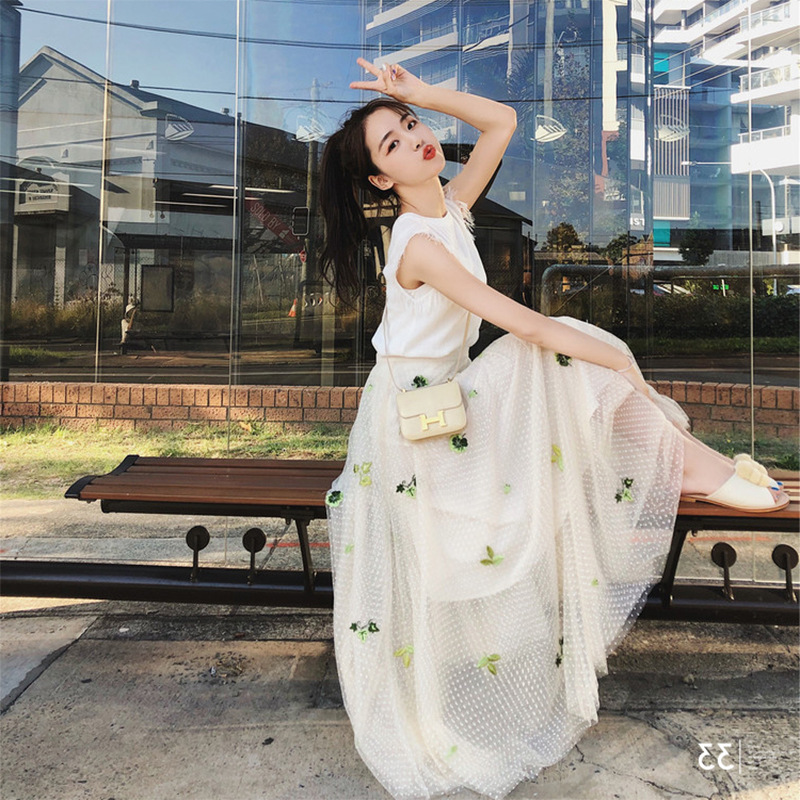 2019夏装新款女神范港风两件套小心机套装女潮时髦chic网纱裙套装