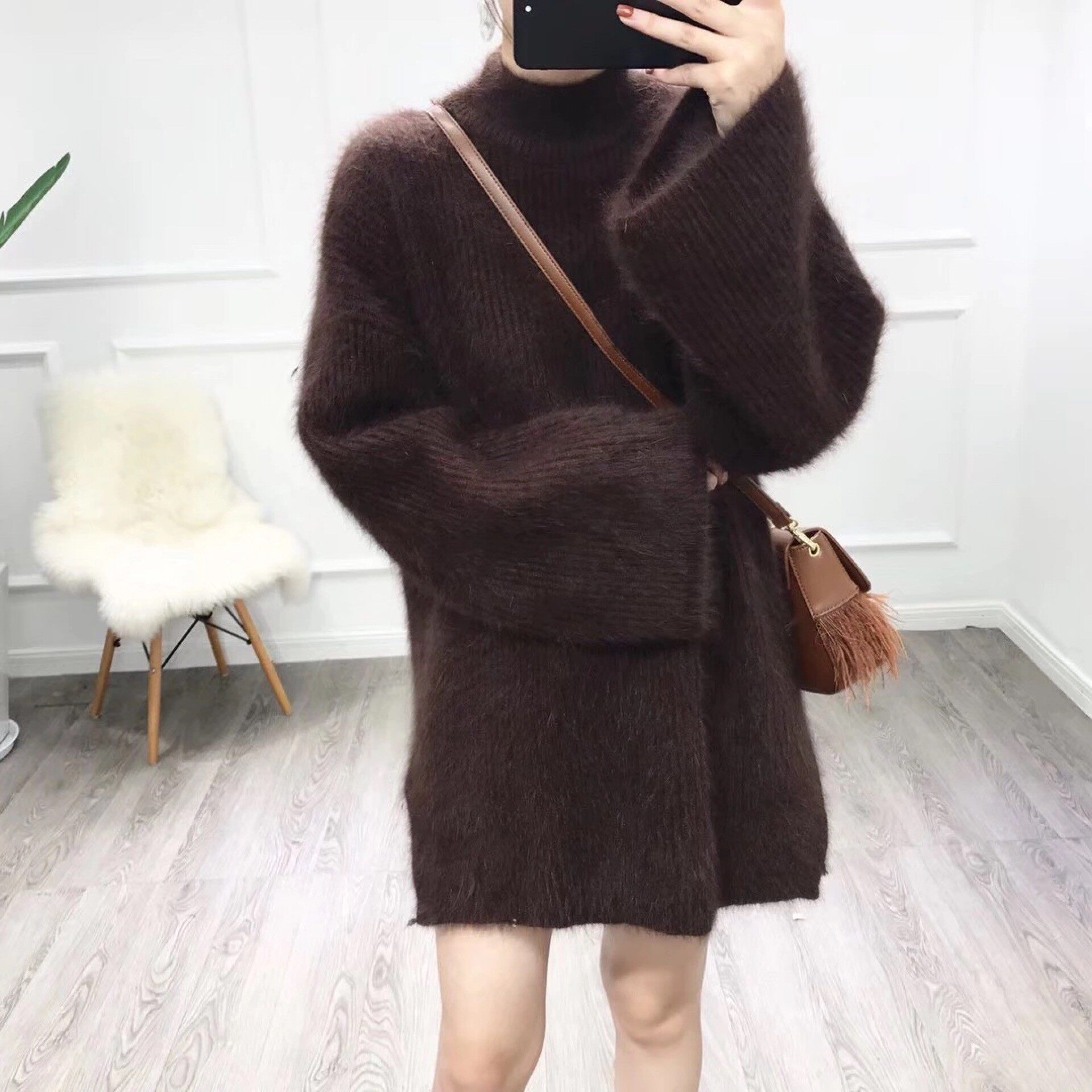 新款长毛水貂绒毛衣女套头半高领韩版宽松喇叭袖中长款外套