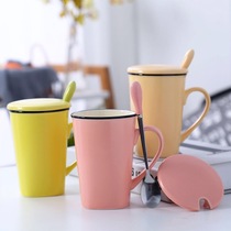 Solid color ceramic cup with lid and spoon Literary simple female student Nordic creative personality small fresh coffee cup