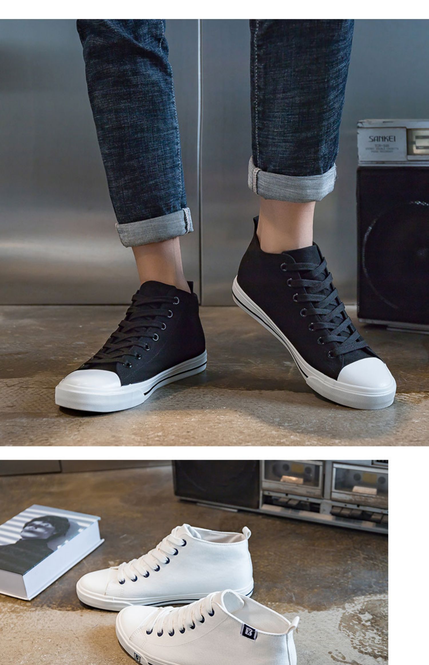 人本帆布鞋男高帮小白鞋中邦韩版板鞋男士透气潮百搭学生情侣布鞋