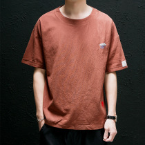 Tide Card Summer Cotton Linen Short Sleeve T Shirt Male China Wind Easy Plus Fat Increase Code Linen Round Neckline Embroidered Undershirt