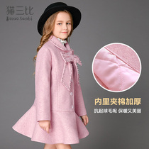 Girls woolen coat bow Princess winter dress Korean version of Chinese childrens woolen coat foreign-made cotton thickened