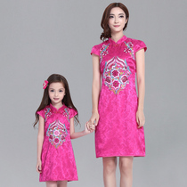 Parent-child dress cheongsam summer ethnic style childrens mothers womens costume girls Tang dress Chinese dress embroidery