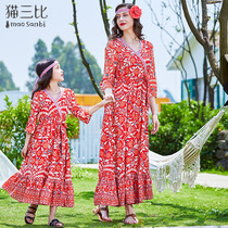 Ethnic style holiday seaside beach parent-child dress skirt summer mother and daughter dress girl floral dress thin section