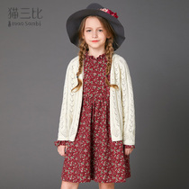 Girl Cardigan sweater Spring and Autumn New Mid-Tong cotton hollow foreign-style coat childrens wool knitted coat thin