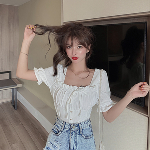 Korean square collar French pleated shirt