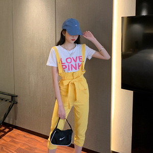 Denim strap pants suit candy color one-piece pants