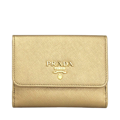 Prada/普拉达金色牛皮金属字母徽标装饰设计简约可折叠女士钱包